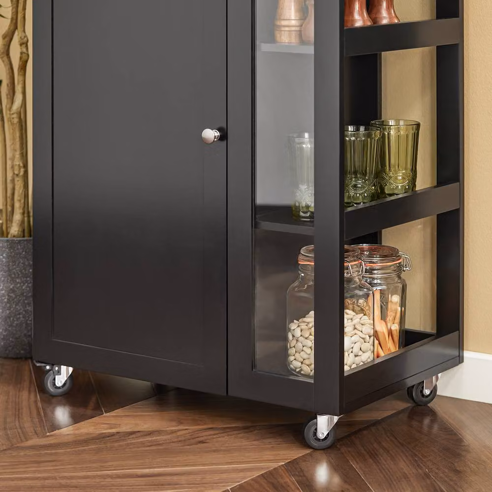 SoBuy Compact Kitchen Trolley in Black with Wood-Effect Top and Hinged Doors – 4
