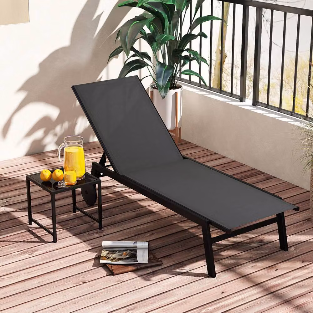 Costway Grey Patio Chaise Lounge Set with Side Table and Adjustable Headrest – 3