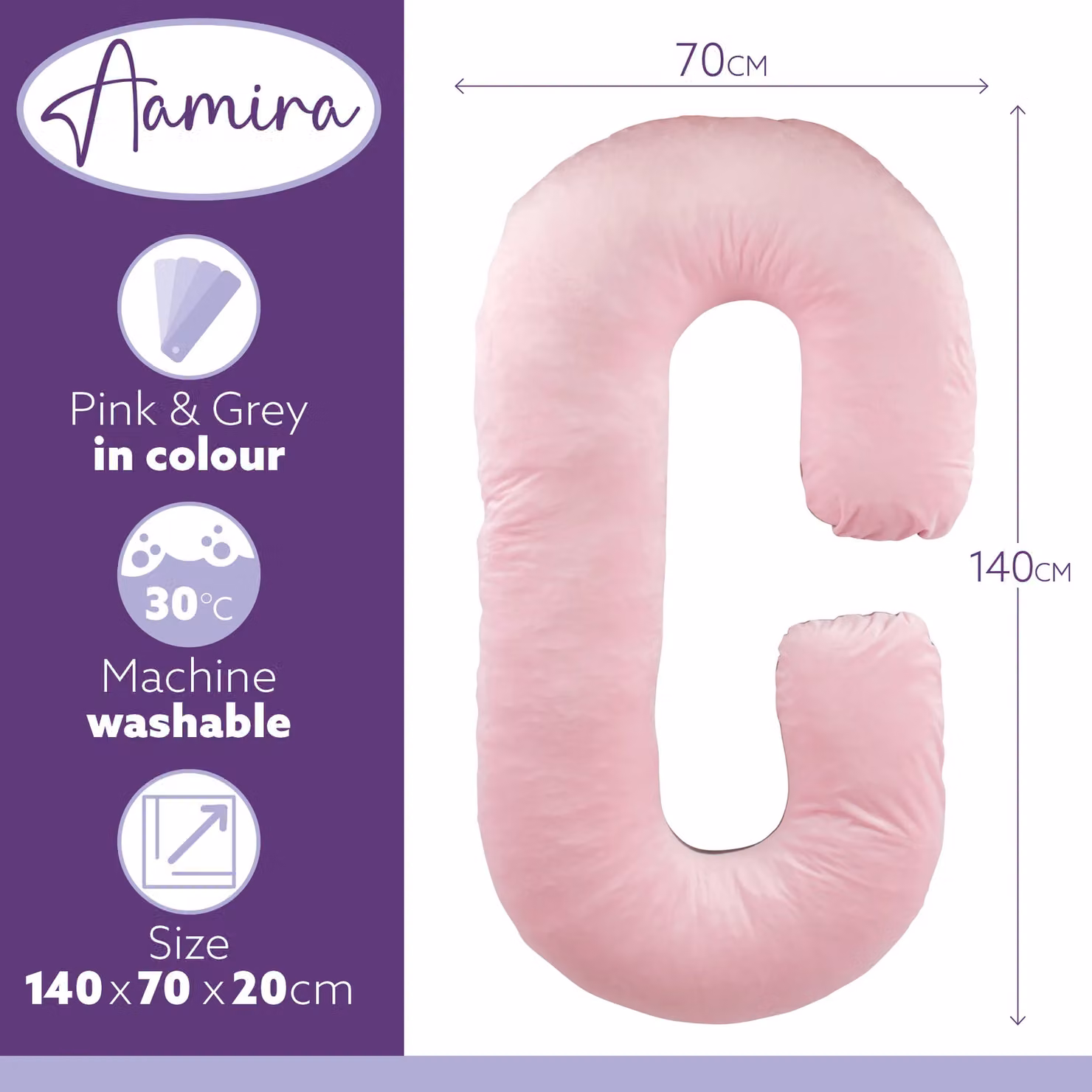 Aamira Pink and Grey C Shaped Pregnancy Pillow with Shredded Memory Foam, W/D/H: 140 x 65 x 20 cm – 4