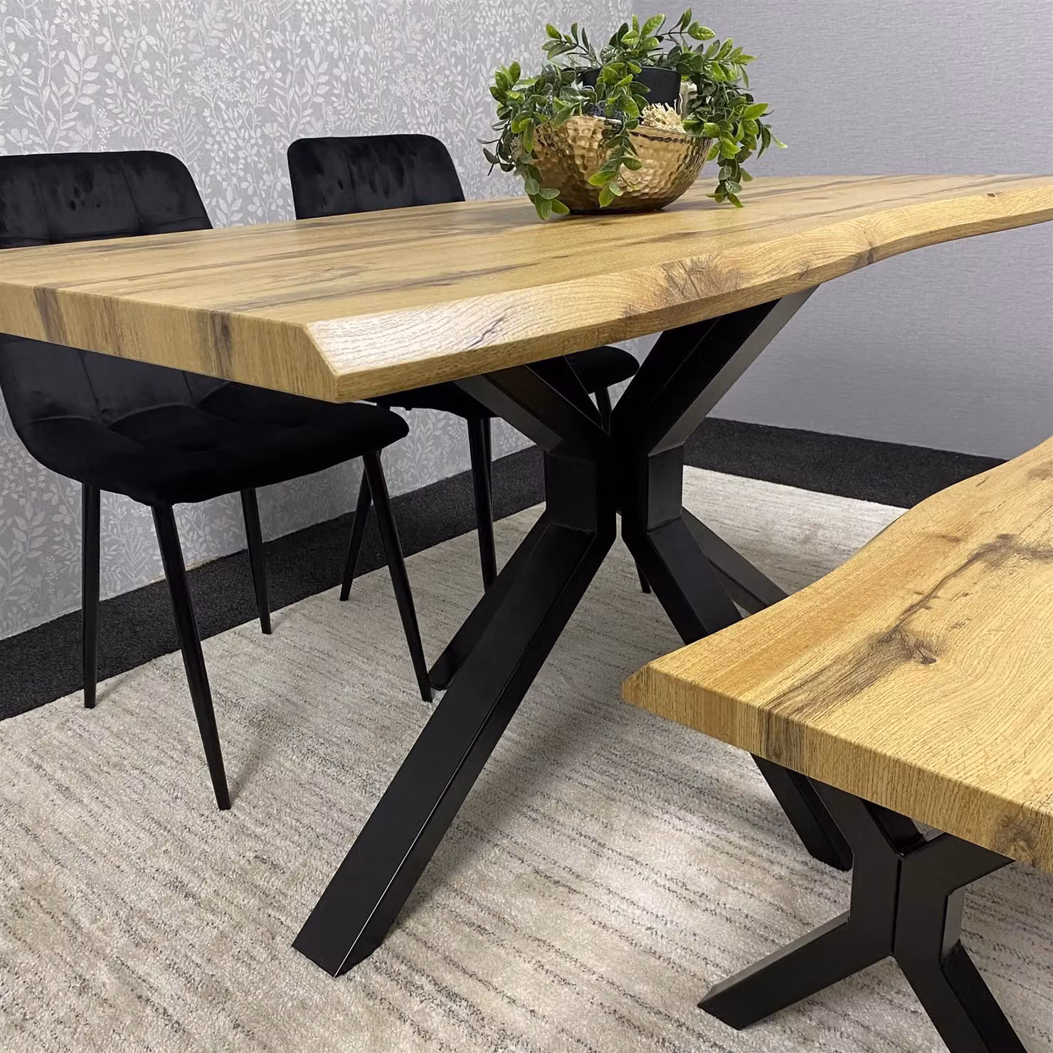 KOSY KOALA Wooden Dining Set with Rectangular Table, 2 Black Chairs and Bench in Brown – 3