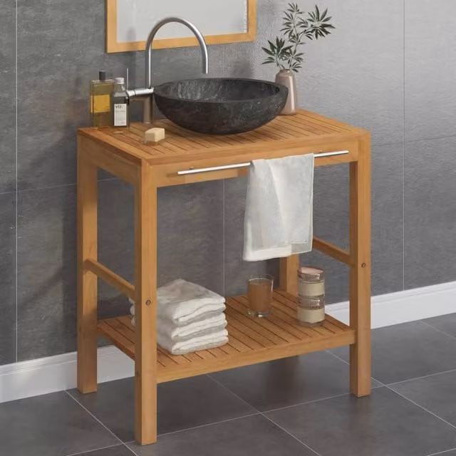 Berkfield Home Freestanding Solid Teak Bathroom Vanity Cabinet with Black Marble Sink