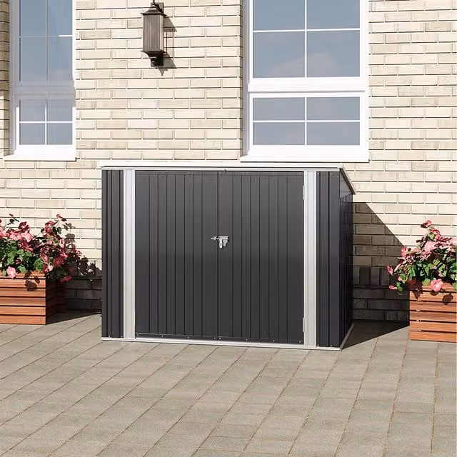 Livingandhome Modern Pent Metal Garden Shed with Single Door and Hinged Lid in Matt Black
