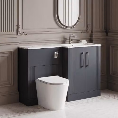 Balterley Belvide Retro Partially Fluted 2 Door Freestanding Vanity Unit with Carrera Stone Basin, Satin Dark Grey, W: 110 cm, D: 39 cm, H: 85.8 cm – 4