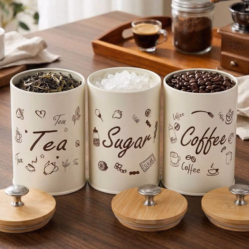 KORVIXA 3-Piece Airtight Metal Tea, Coffee and Sugar Canister Set in Multicolour and White – 2