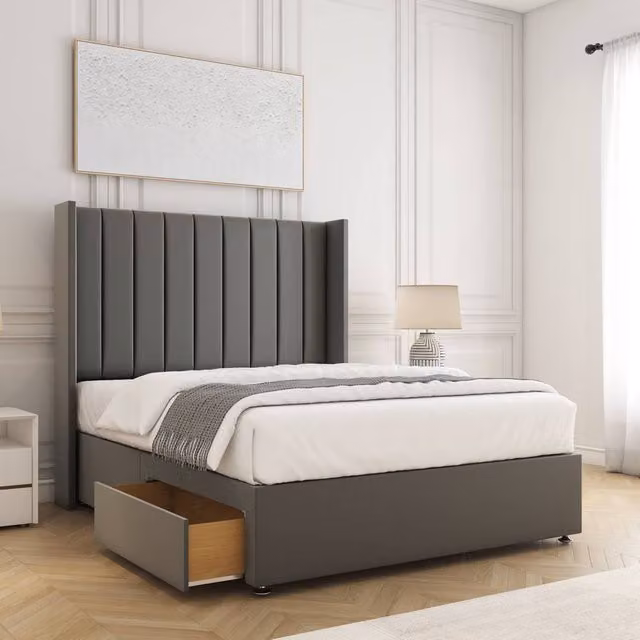 BSSPOKE Hannah Double Divan Bed with 2 Drawers, Footend and 54 inch Headboard in Grey Velvet Fabric, W/D/H: 140 x 200 cm