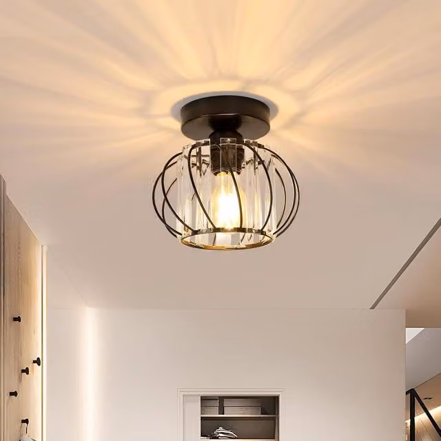 Goeco Modern Crystal Ceiling Light with Black Metal Cage Lampshade – 1