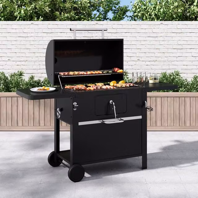 Breeins Outdoor Carbon Steel Charcoal BBQ Grill Smoker with Chimney Stack and Thermometer, Black