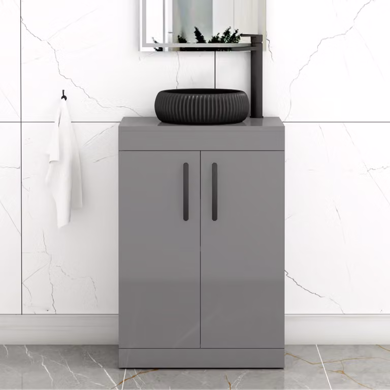 Royal Bathrooms Turin 600mm Floor Standing 2 Door Vanity Unit in Indigo Grey Gloss with Milan Black Countertop Basin