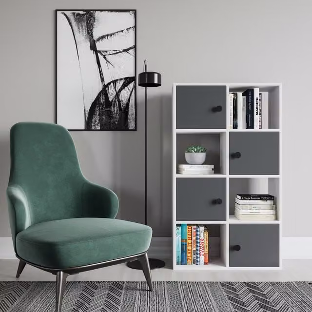 Decorotika Tasso Bookcase with Cabinets in White and Anthracite, W/D/H: 124.5 x 63.5 x 63.5 cm