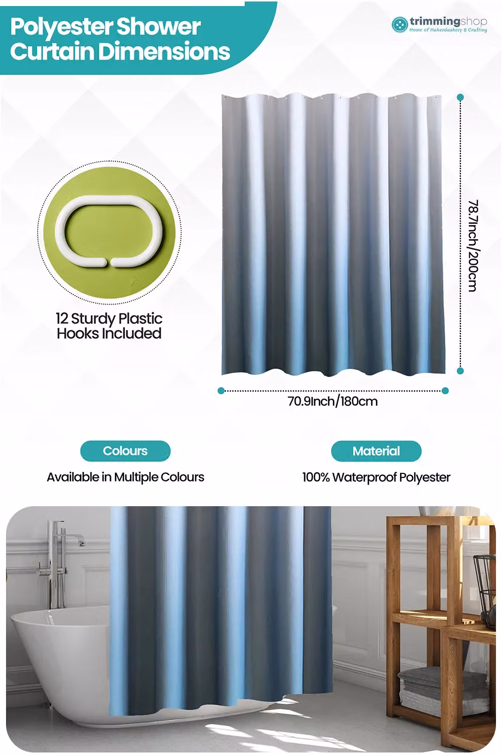 Neel Blue Gradient Colour Mould and Mildew Resistant Polyester Bathroom Shower Curtain in Blue, W/D/H: 180 x 180 x 180 cm – 2