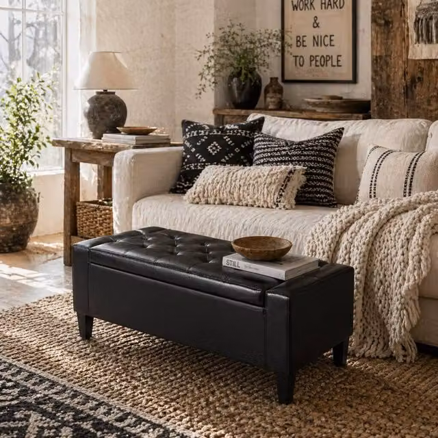 Wyld Haus Sabata Black Faux Leather Diamond Tufted Storage Ottoman Bench with Lift Up Lid – 1