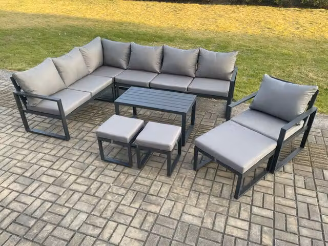 Fimous 10 Seater Outdoor Lounge Corner Sofa Set in Dark Grey with Oblong Coffee Table and 3 Footstools