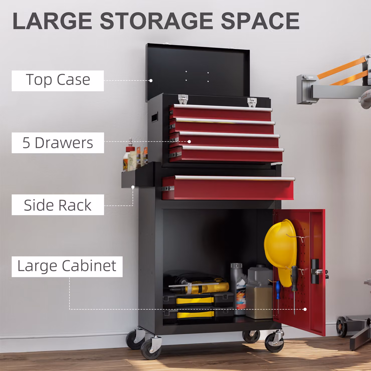 HOMCOM Rolling Tool Cabinet with 5 Drawers and Lockable Cabinet in Red Steel – 4