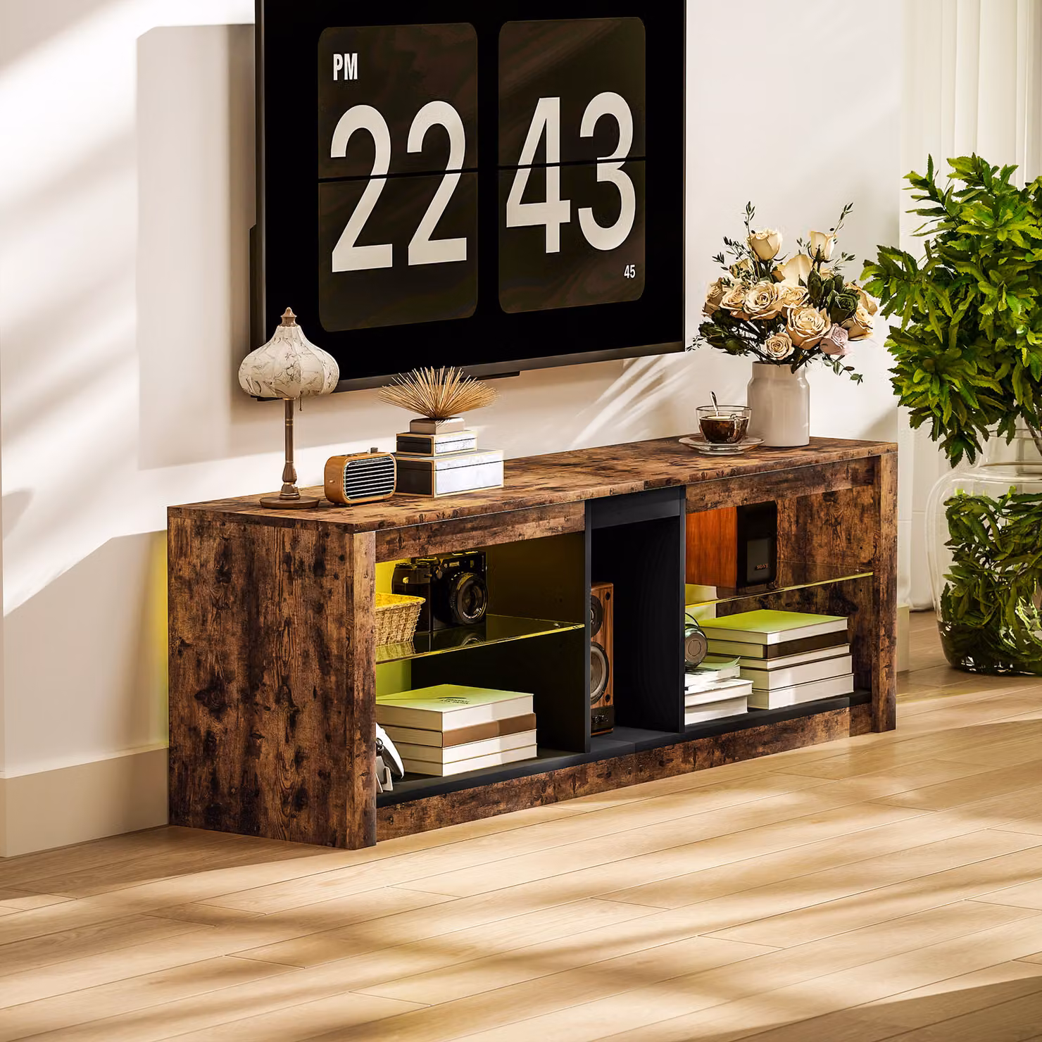 HOMCOM TV Stand Cabinet with LED Lights and Remote Control for TVs up to 65 inch, Entertainment Centre with Storage Shelves and Compartment, Rustic Brown, W: 140 cm, D: 47 cm, H: 24 cm – 8