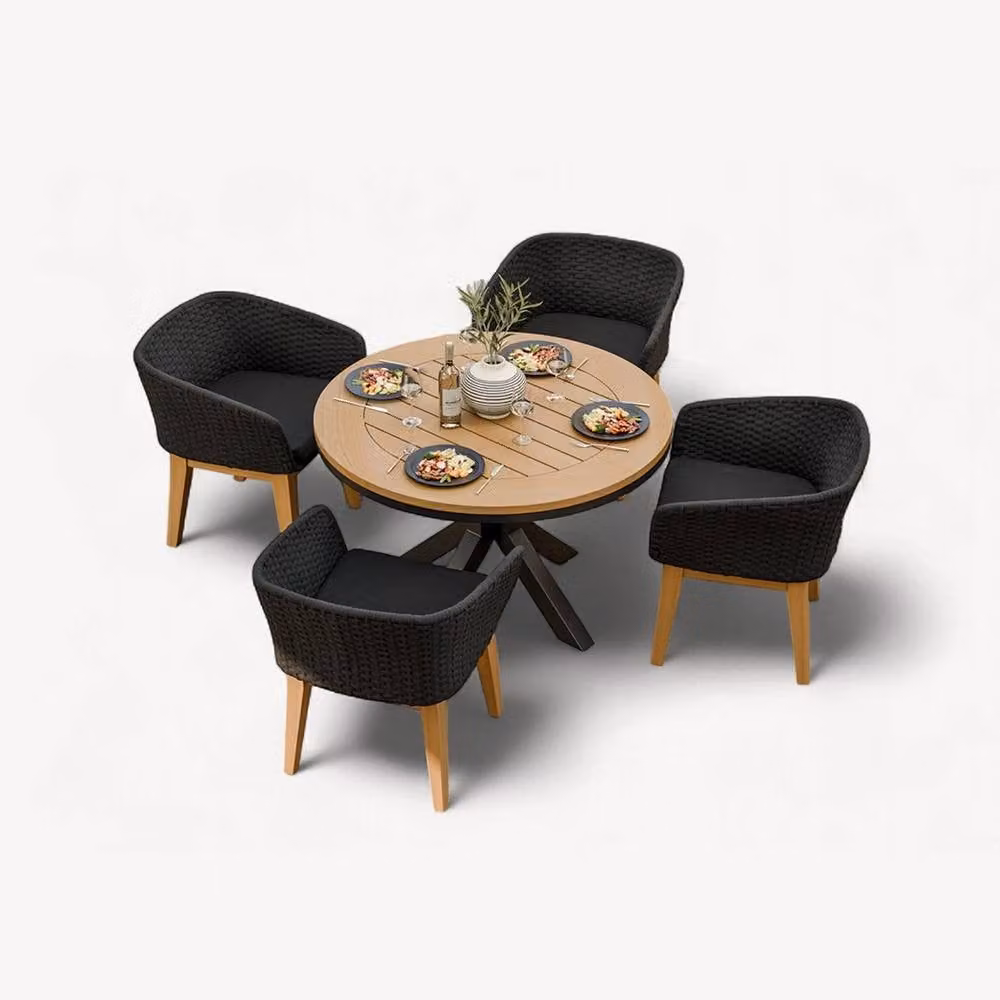 Royalcraft Tuscany Round Teak Wood Dining Set with 4 Eden Night Chairs in Brown and Sand – 2