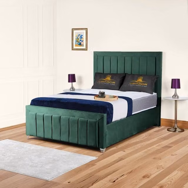 UK Bed Furniture Siarra Double Ottoman Gas Lift Upholstered Velvet Bed in Green