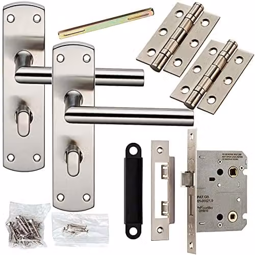Loops Door Handle and Bathroom Lock Pack in Satin Nickel with Mitred Round Bar Backplate – 1