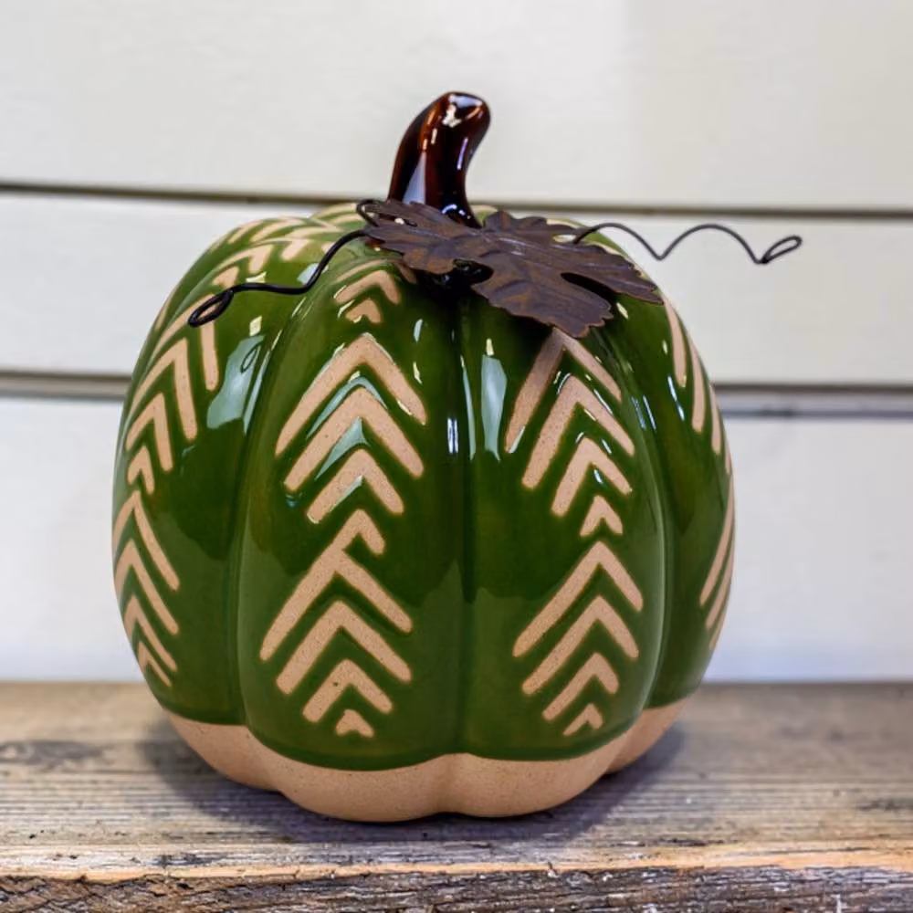 Four Candle Green and Brown Geometric Ceramic Pumpkin Ornament – 2