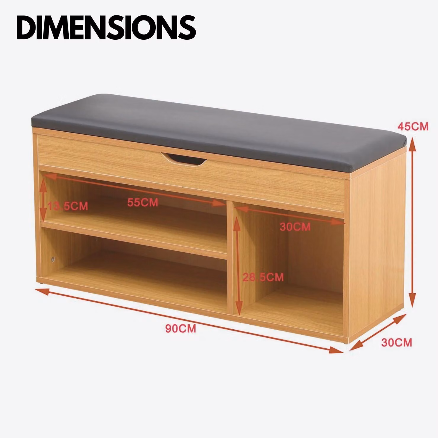 Rafaelo Mobilia Wooden Shoe Storage Bench with Cushioned Seat in Light Tan, W: 90 cm, D: 45 cm, H: 45 cm – 2
