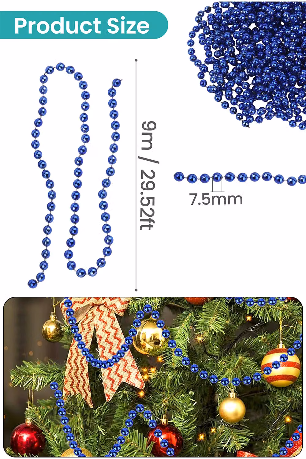 Neel Blue 9m Metallic Christmas Bead Chain with 7.5mm Shiny Pearl Garland in Royal Blue – 2