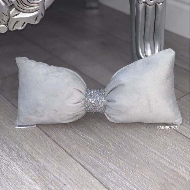 Fabricnco Silver Plush Velvet Bow Cushion