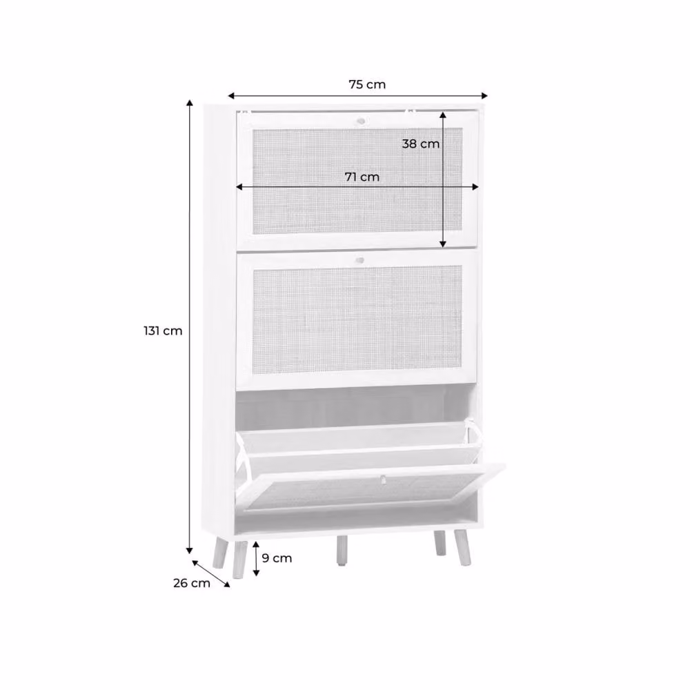 sweeek White Boho Shoe Cabinet with 3 Drawers and Rattan Wood Decor, H 75.0 cm x W 131.0 cm x D 18.0 cm – 2