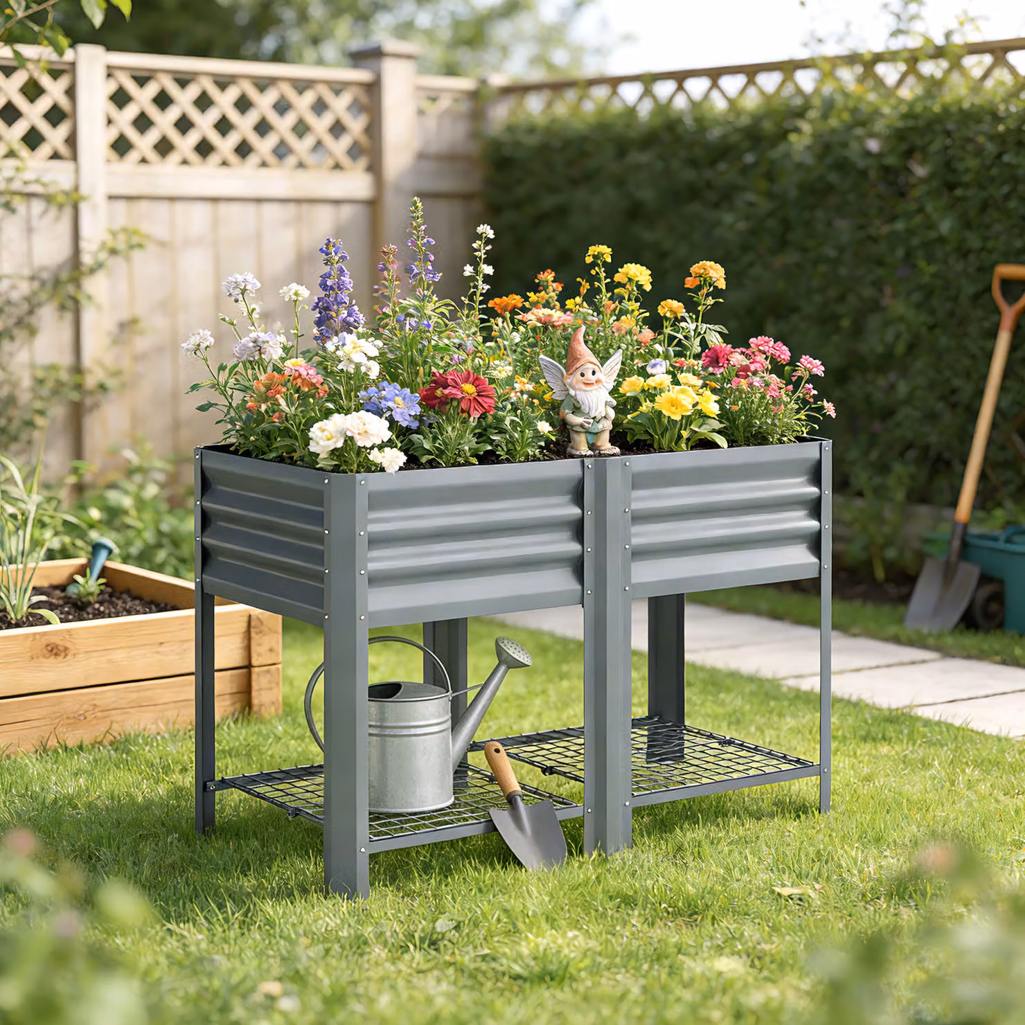 Outsunny Steel Raised Garden Bed with Storage Shelf in Grey, W/D/H: 120 x 80 x 55 cm – 9