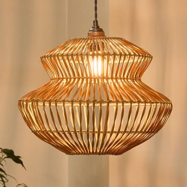 Dibor Traditional Rattan Pot Bellied Boho Round Ceiling Shade in Beige, H 29 cm x D 29 cm
