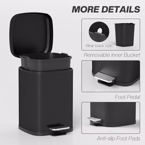 HOMCOM 12L Metal Kitchen Pedal Bin with Soft-Close Lid and Removable Inner Bucket, Black, W/D/H: 24.5 x 24.5 x 36.5 cm – 6