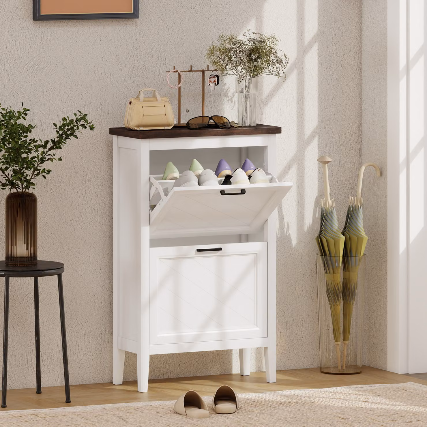 HOMCOM White Farmhouse Narrow Shoe Storage Cabinet with 2 Tilting Compartments and Adjustable Shelves – 2