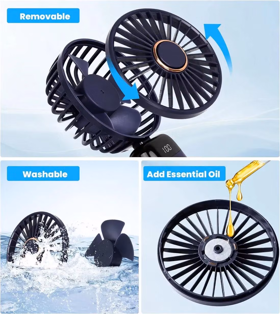 Dragodirect 2-in-1 Portable Mini Handheld Fan with LED Light, Rechargeable USB-C, Dark Blue – 3
