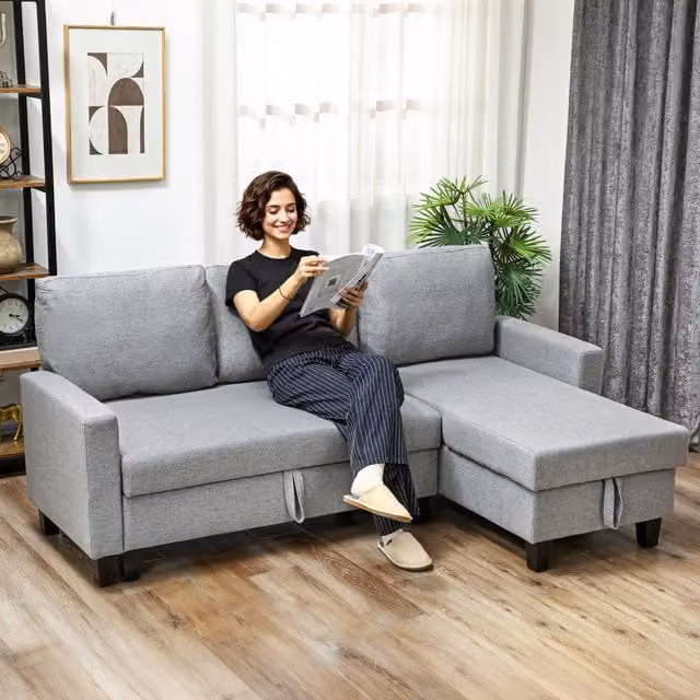 HOMCOM 3 Seater Fabric Sofa Bed with Storage in Grey