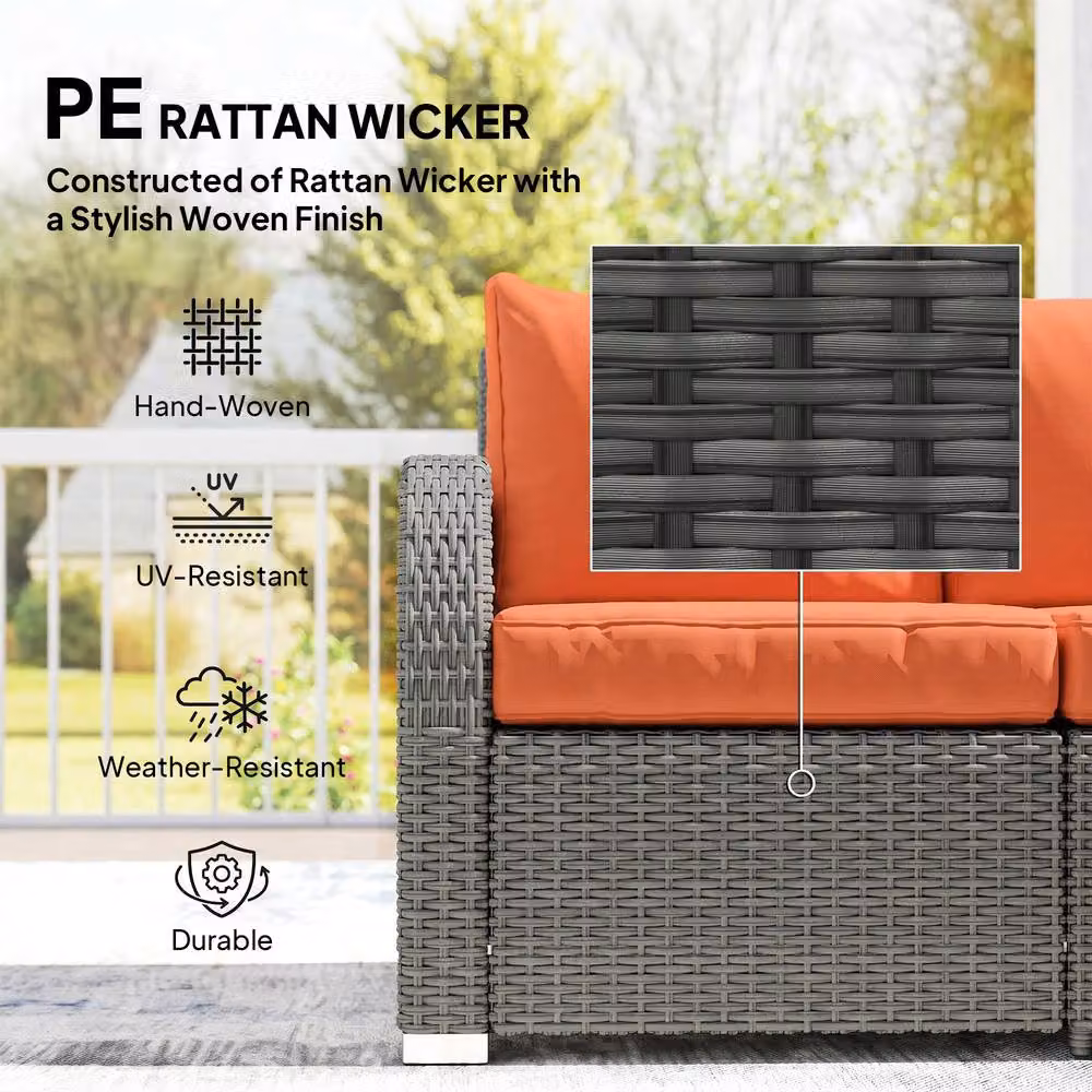 OUTSUNNY Rattan Garden Furniture Set with 3-Seater Sofa, Lounge Armchairs, and Matching Ottomans in Orange – 5