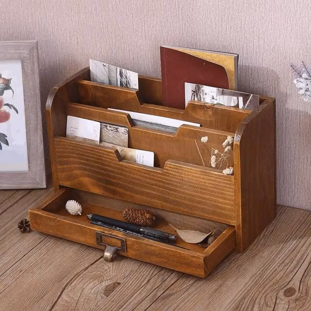 Kelvenix Wooden Multi-Compartment Office Study Organiser Storage Holder in Brown – 1