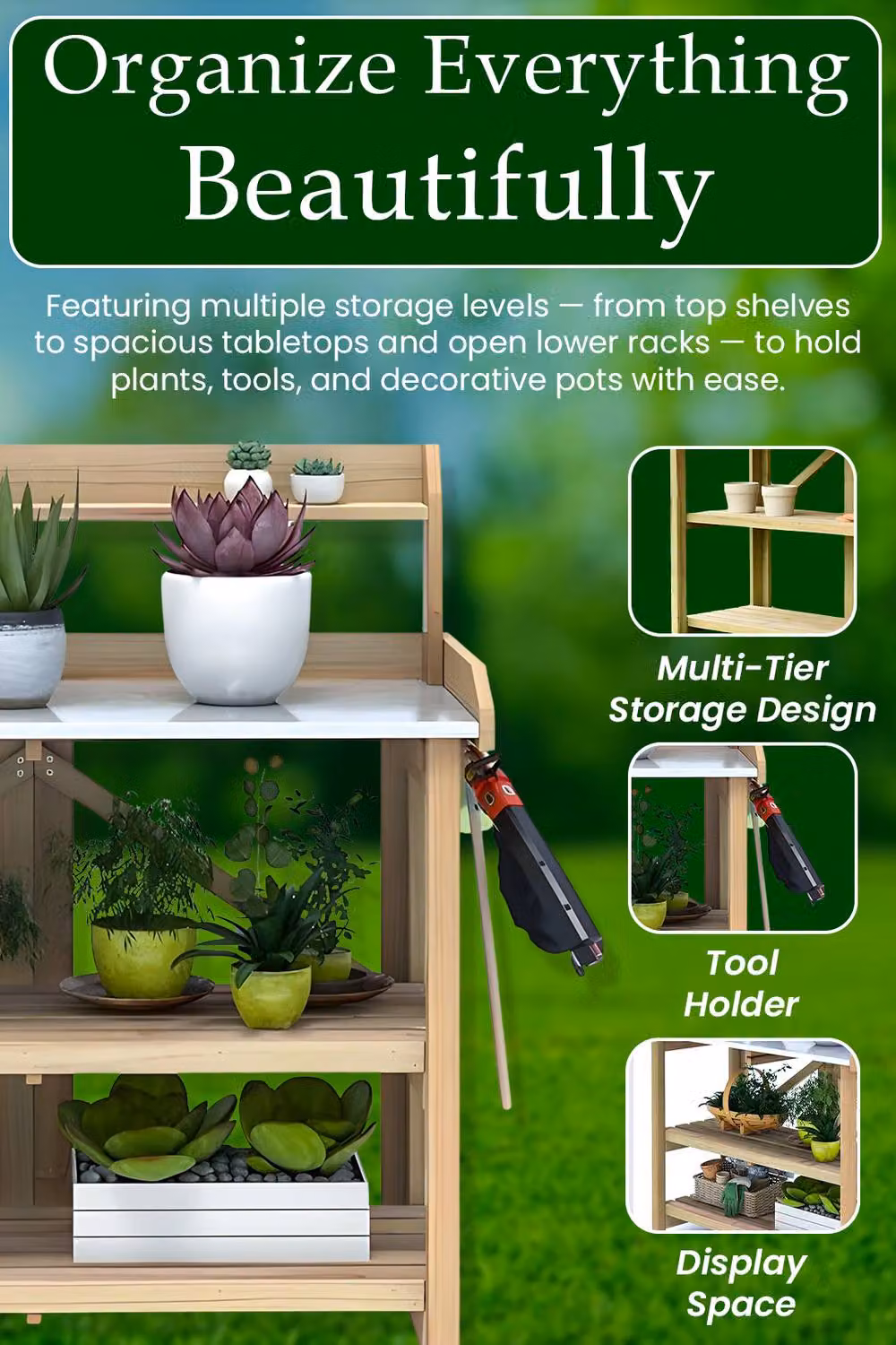 Hygrad Built to Survive 3 Tier Wooden Garden Potting Bench in Brown, W: 100 cm – 2