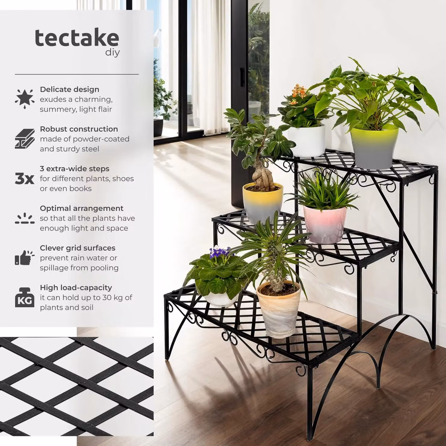 tectake 3-Tier Metal Plant Stand in Matt Black, W/D/H: 60 x 60 x 60 cm – 2