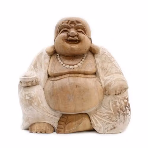 Ancient Wisdom Happy Buddha Tabletop Ornament, Whitewash Stone, Height: 30 cm