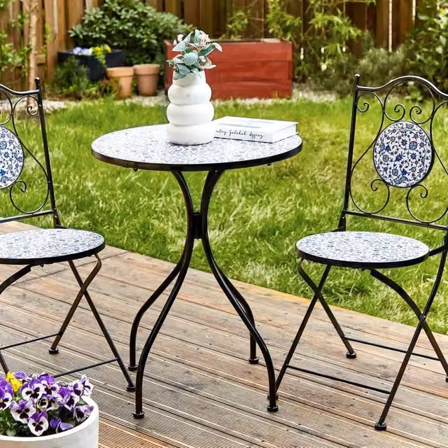 Wyld and Coco Mediterranean Bistro Table with Blue Mosaic and Black Iron, Diameter: 60 cm