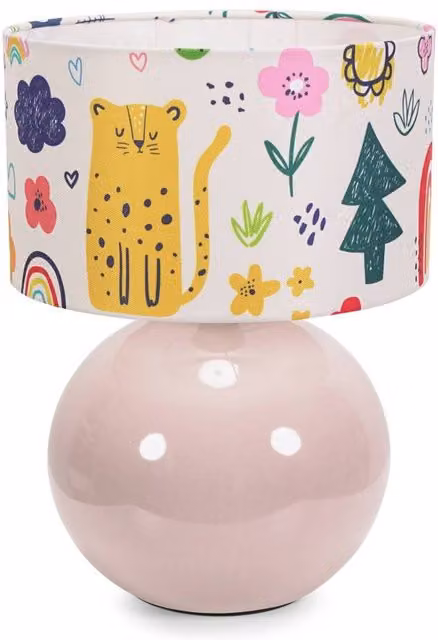 Bosco Stone Table Lamp with Yellow and Multicolour Doodle Fabric Shade