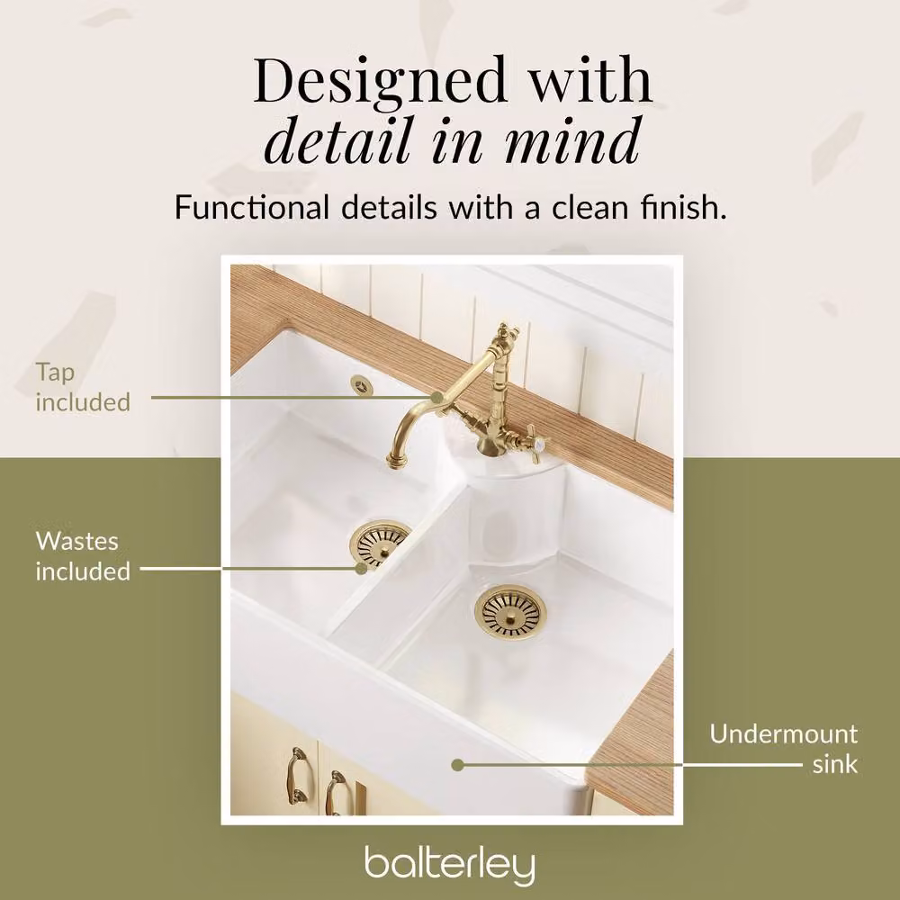 Balterley White Ceramic Double Bowl Butler Sink with Brushed Brass Tap and Wastes, W: 89.5 cm – 2