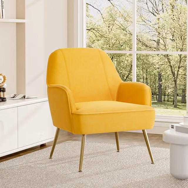 Livingandhome Modern Yellow Velvet Tub Armchair with Gold Legs