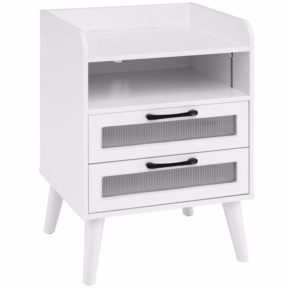 Costway Mid Century Modern Bedside Table with Charging Station, White – 2
