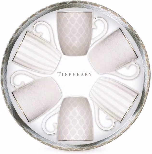 Tipperary Bone China Hatbox Gift Set of 6 Grey and White Striped Mugs