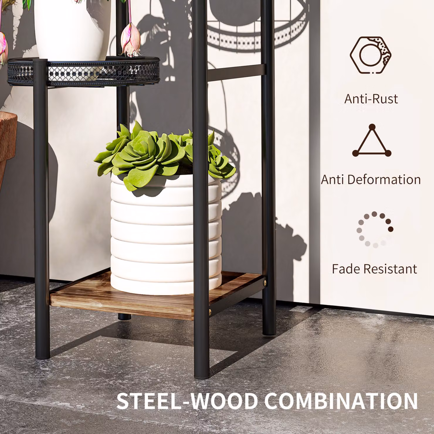 Outsunny Four-Tier Steel and Wood Plant Stand in Black – 4