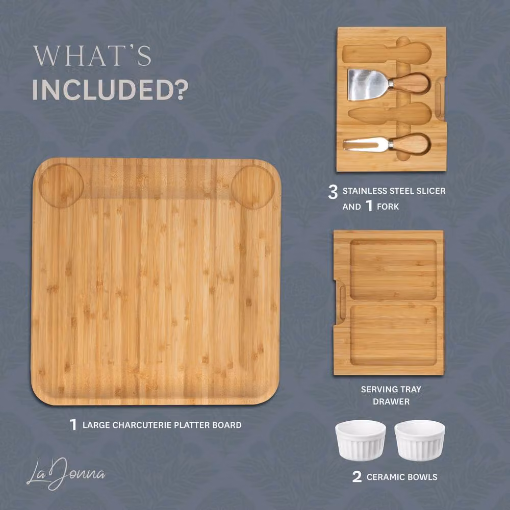 La Donna Light Brown Bamboo Cheese Board with Drawer, Ceramic Bowls and Cutting Tools – 3