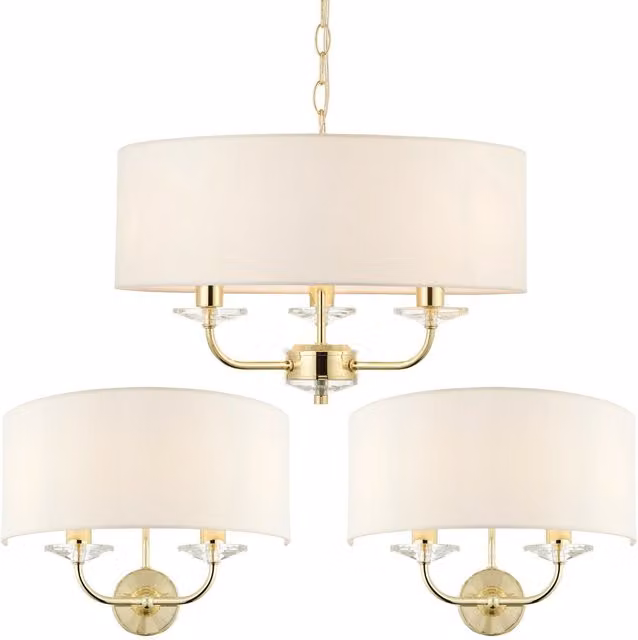 Loops 3 Bulb Ceiling Pendant Lamp and 2x Matching Twin Wall Lights in Gold/Brass and White