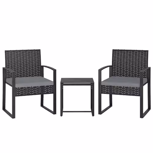 Outsunny 3 Piece Grey PE Rattan Bistro Set with Upholstered Cushions for Garden and Terrace