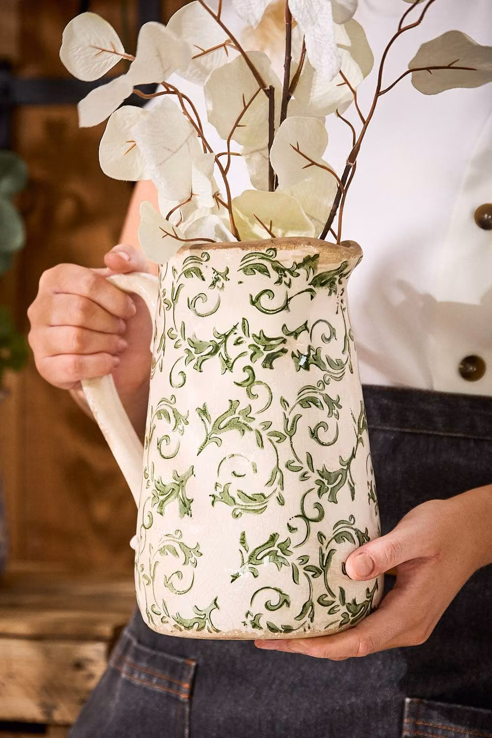 Dibor Set of 2 Irina Green Botanical Ceramic Pitcher Jugs in Cream and Beige – 2