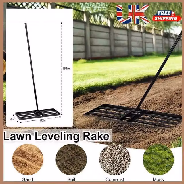 FLAVORA Lawn Leveling Rake with 75 Inch Telescopic Steel Handle in Black