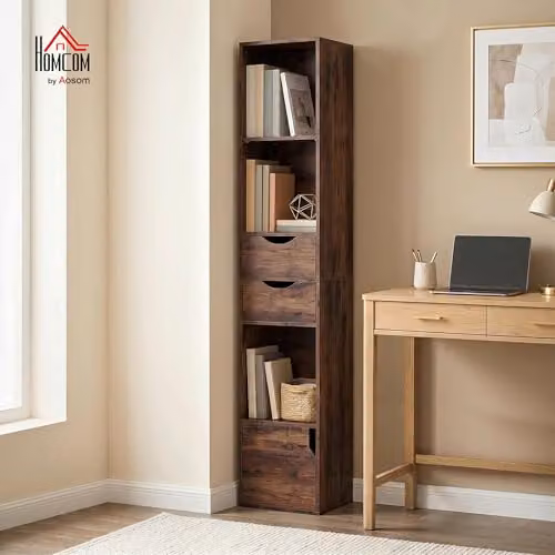 HOMCOM 3-Tier Modern Bookcase with Drawers and Adjustable Shelves, Brown – 2